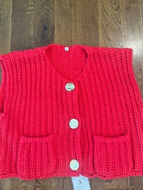 Hand-Knit V-Neck Pocket Sweater Vest in Bright Red